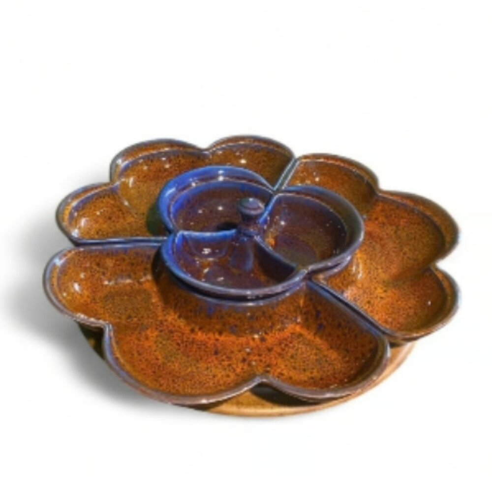 Large Vintage Glazed Ceramic Flower Rotating Serving Platter Handmade USA Signed